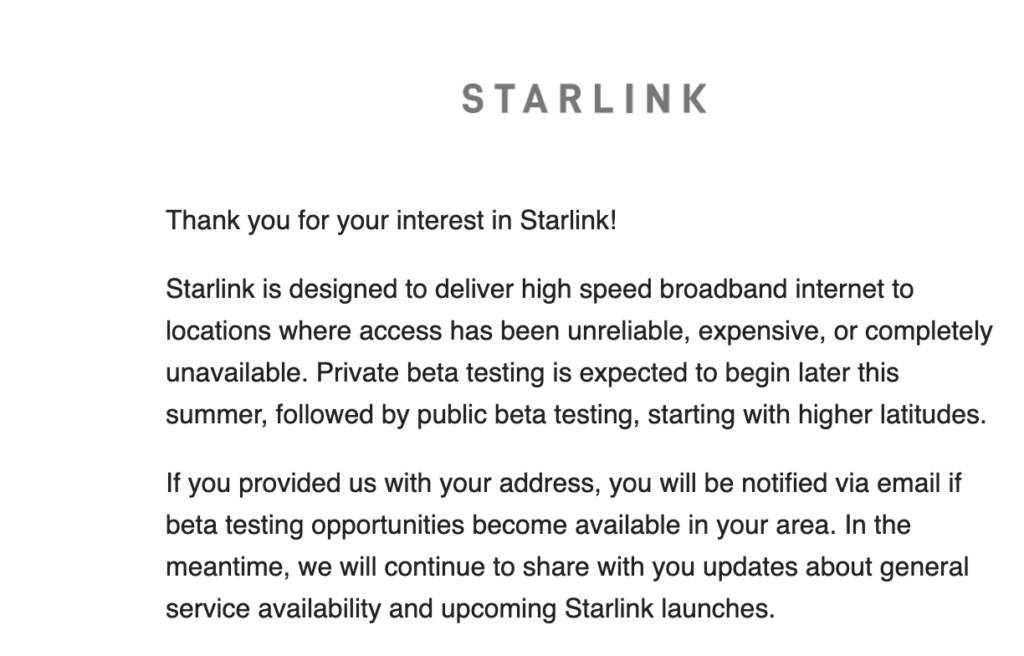 Email from Starlink about beta testing